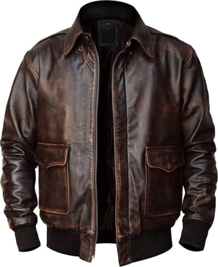 Distressed Brown Cowhide Leather Aviator Bomber Flight Fur Jacket