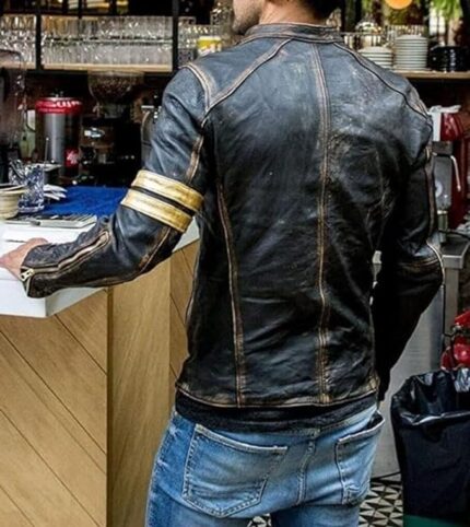 Mens Vintage Cafe Racer Distressed Biker Leather Jacket - Back