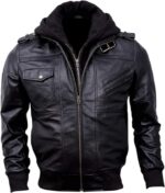 Mens Genuine Black Hooded Bomber Leather Jacket Real Lambskin Waxed Brown Leather Jackets for Men with Removable Hood