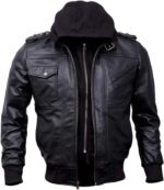 Mens Genuine Black Hooded Bomber Leather Jacket Real Lambskin Waxed Brown Leather Jackets for Men with Removable Hood