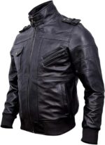 Mens Genuine Black Hooded Bomber Leather Jacket Real Lambskin Waxed Brown Leather Jackets for Men with Removable Hood - side