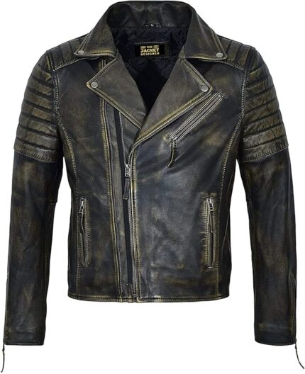 Men's Brando Classic Double Cross Zipper Vintage Slim Fit Leather Jacket