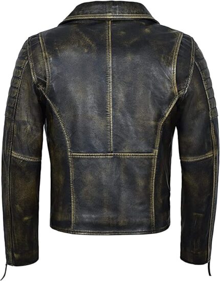 Men's Brando Classic Double Cross Zipper Vintage Slim Fit Leather Jacket - Back