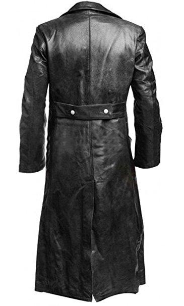 German Classic Officer WW2 Vintage Military Uniform Black Leather Trench Coat - Back Side