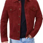 Mens Suede Leather Biker Jacket Western Cowboy Style Genuine Goat Suede Trucker Jacket Maroon Leather Jacket Men