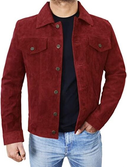 Mens Suede Leather Biker Jacket Western Cowboy Style Genuine Goat Suede Trucker Jacket Maroon Leather Jacket Men