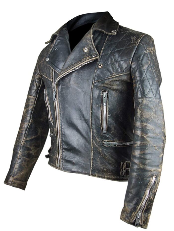 MJ0009 - Genuine Distressed Black Leather Jacket-left side