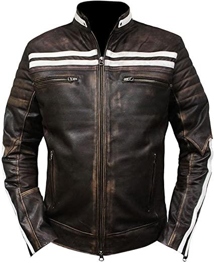 MJ0010 - AR Mens Cafe Racer Moto Style Stripped Biker Distressed Brown Leather Jacket for Men Jackets for Men