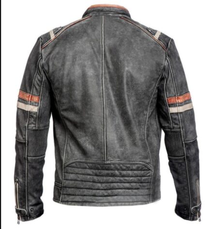 MJ0030 - Men Retro Stripe Gray Motorcyle Leather Jacket-back