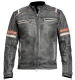 MJ0030 - Men Retro Stripe Gray Motorcyle Leather Jacket