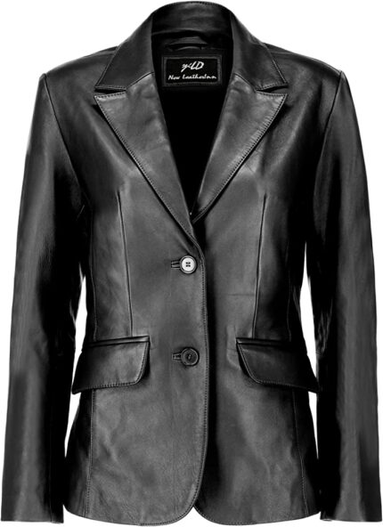 Jild Classic 2-Button Lambskin Leather Blazer Women - Casual Coat Long Sleeves Suit Style Leather Jacket Women