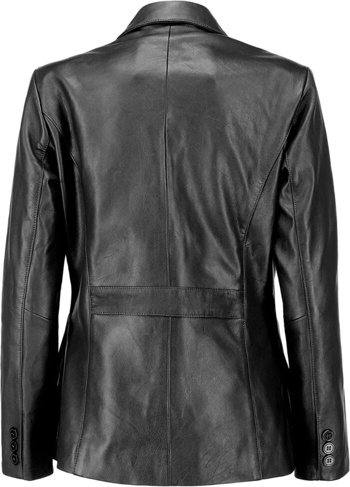 Jild Classic 2-Button Lambskin Leather Blazer Women - Casual Coat Long Sleeves Suit Style Leather Jacket Women - Back