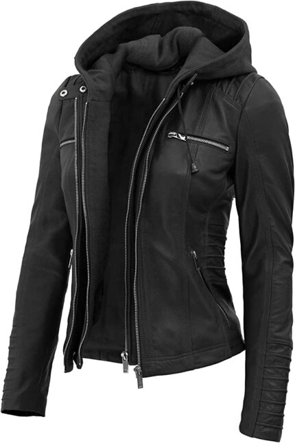 Womens Black Leather Jacket Removable Hooded - Real Lambskin Leather Jacket For Women