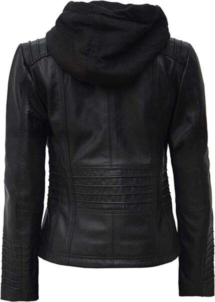 Womens Black Leather Jacket Removable Hooded - Real Lambskin Leather Jacket For Women - Back