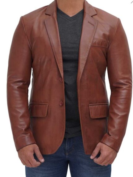 Brandon Tan Mens Leather Blazer Jacket