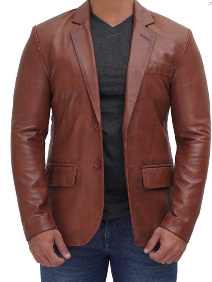 Brandon Tan Mens Leather Blazer Jacket