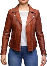 WOMEN’S TAN BROWN VINTAGE BIKER LEATHER JACKET