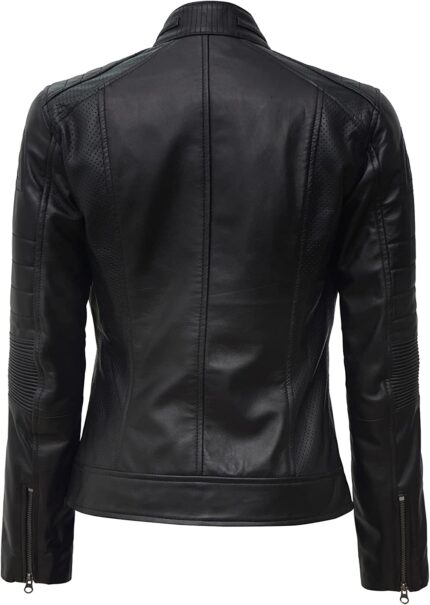 Womens Black Real Leather Cafe Racer Jacket - Back