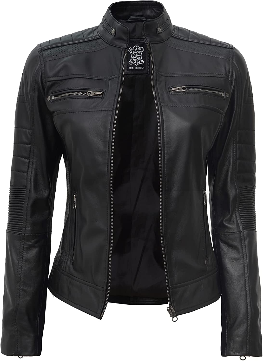 Womens Black Real Leather Cafe Racer Jacket