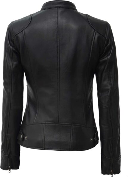 Women's Petite Black Real Leather Cafe Racer Jacket - Back