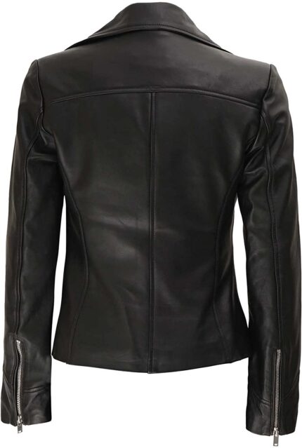 Womens Brando Leather Jacket - Black Moto Biker Slim Fit Ladies Motorcycle Riding Jacket - Back