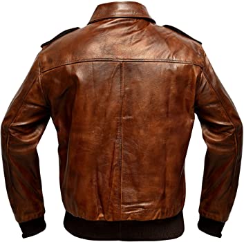 Waxed Distressed Brown Real Leather Bomber Flight Jacket - Back