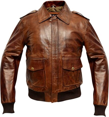 Waxed Distressed Brown Real Leather Bomber Flight Jacket