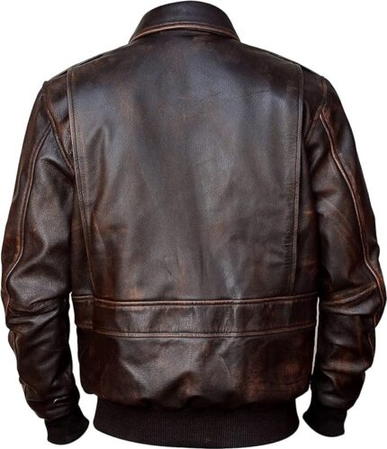 Distressed Brown Cowhide Leather Aviator Bomber Flight Fur Jacket - Back