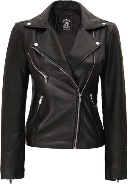 Womens Brando Leather Jacket - Black Moto Biker Slim Fit Ladies Motorcycle Riding Jacket