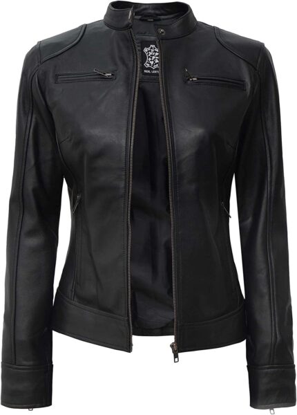 Women's Petite Black Real Leather Cafe Racer Jacket