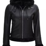 Womens Black Shearling Bomber Leather Jacket with Hood - Front Closed