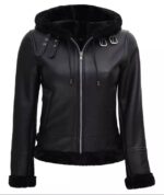 Womens Black Shearling Bomber Leather Jacket with Hood - Front Closed