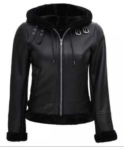 Womens Black Shearling Bomber Leather Jacket with Hood - Front Closed