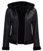 Womens Black Shearling Bomber Leather Jacket with Hood - Front Open