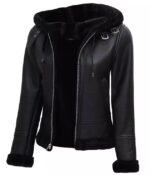 Womens Black Shearling Bomber Leather Jacket with Hood - Front Side Open