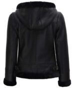 Womens Black Shearling Bomber Leather Jacket with Hood - Back