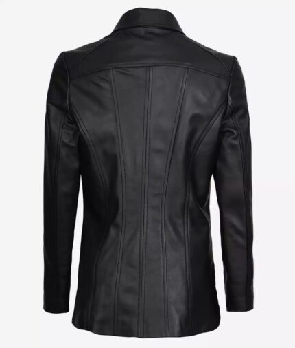 Marsha Womens Three Quarter Long Black Leather Coat - Back