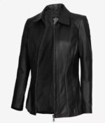 Marsha Womens Three Quarter Long Black Leather Coat - Side Front Open