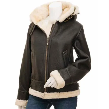 Women Real Sheepskin Flying Jacket Brown Hooded Shearling Aviator Coat