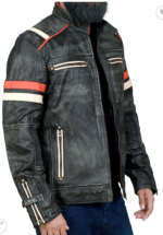 MJ0030 - Men Retro Stripe Gray Motorcyle Leather Jacket-right side