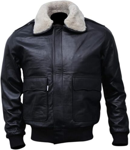 Flight Bomber Leather Jacket Aviator Air Force Jackets for Men with Real Fur Collar