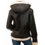 Women Real Sheepskin Flying Jacket Brown Hooded Shearling Aviator Coat - Back